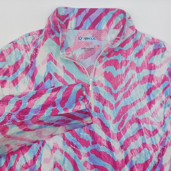IBKUL 1/4 Zip Pullover Women's XL Pink Blue Zebra Stripes Mesh Long Sleeves Golf - Picture 1 of 9